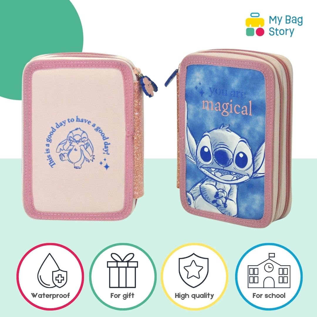 mybagstory - Stitch Filled School Pencil Case 20 x 14 x 5 cm Pencil Case 2 Compartments with Pencils, Felt Tip Pens and Accessories Girl's Hard Pencil Case Primary School - Image 3