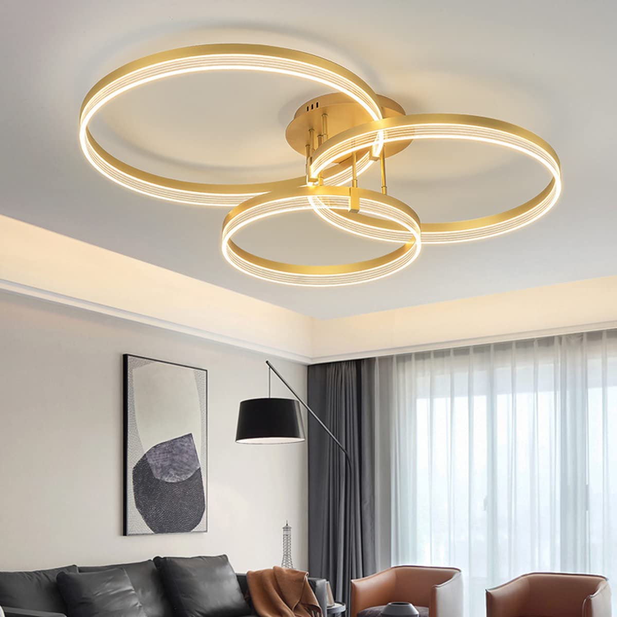Bellastein Acrylic Ring Ceiling Light Modern LED Chandelier, with Remote Control Ceiling Light Dining Room Bedroom Lamp Living Room Kids Room Ceiling Lamp (Gold, 3 Rings)