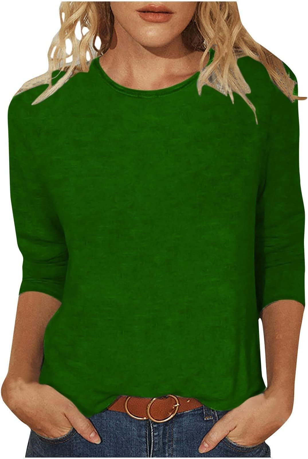 Hoodies for Women Casual Summer Tops Three Quarter Sleeve Round Neck Tee T Shirt Printed Loose Side Split Long