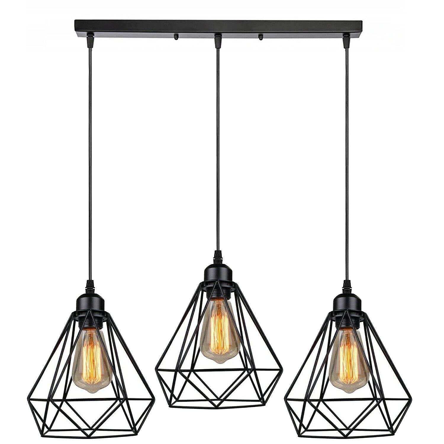 LEDSONE 3 Head Industrial Drop Ceiling Pendant Lights 20cm Black Wire Lampshade Diamond Cage Design E27 1m Adjustable Hanging Fixer for Dining Room Living Room Kitchen Loft