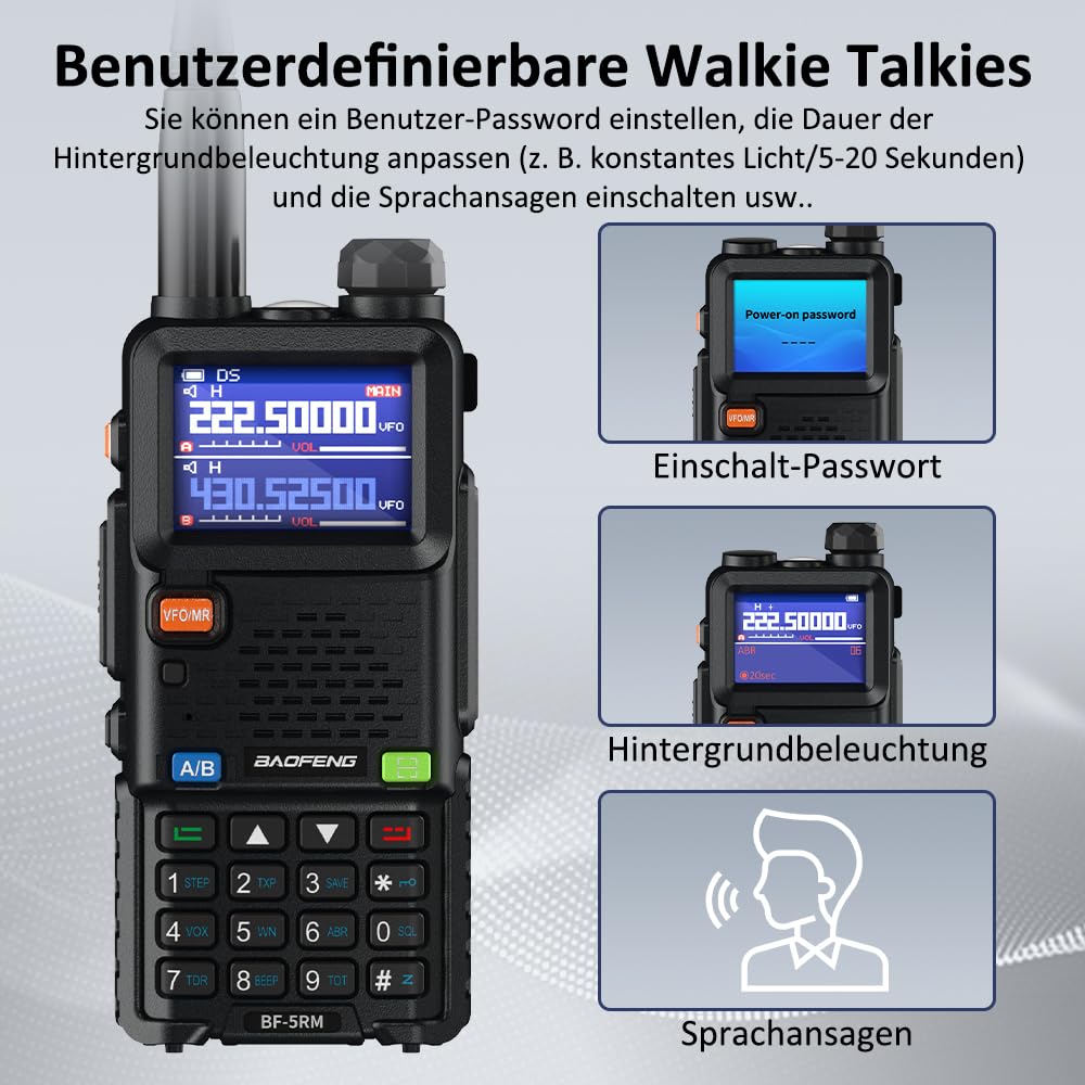 BAOFENG 5RM Dualband Funkgerät für UHF VHF Lizenziert erforderliches Amateurfunkgerät Leistungsstarkes Handfunkgerät Große Reichweite 999 Kanäle FM Radio VOX DTMF Walkie Talkie mit 2500mAh Akku