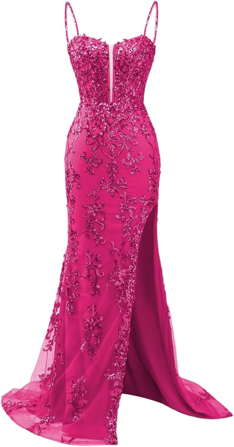 Lace Applicque Spaghetti Strap Prom Dresses with Slit Sexy Tulle Mermaid Long Ball Gown for Women DI015