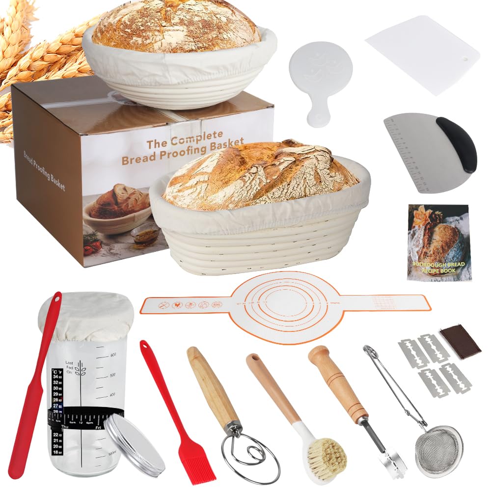 Juego de iniciación de masa madre, 18 piezas, redondo y ovalado, juego de cestas de fermentación para hornear pan, accesorios para hornear pan para profesionales y caseros para hornear pan