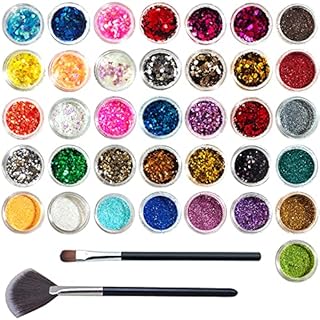 VEGCOO 36 Pots Nail Art Glitter Sequins Powder, 24 Pots Holographic Nail Sequins & 12 Pots Extra Fine Glitter, Chunky Cosmetic Glitter for Body, Face, Eye, Lips, Card Making, Crafting, Scrapbooking
