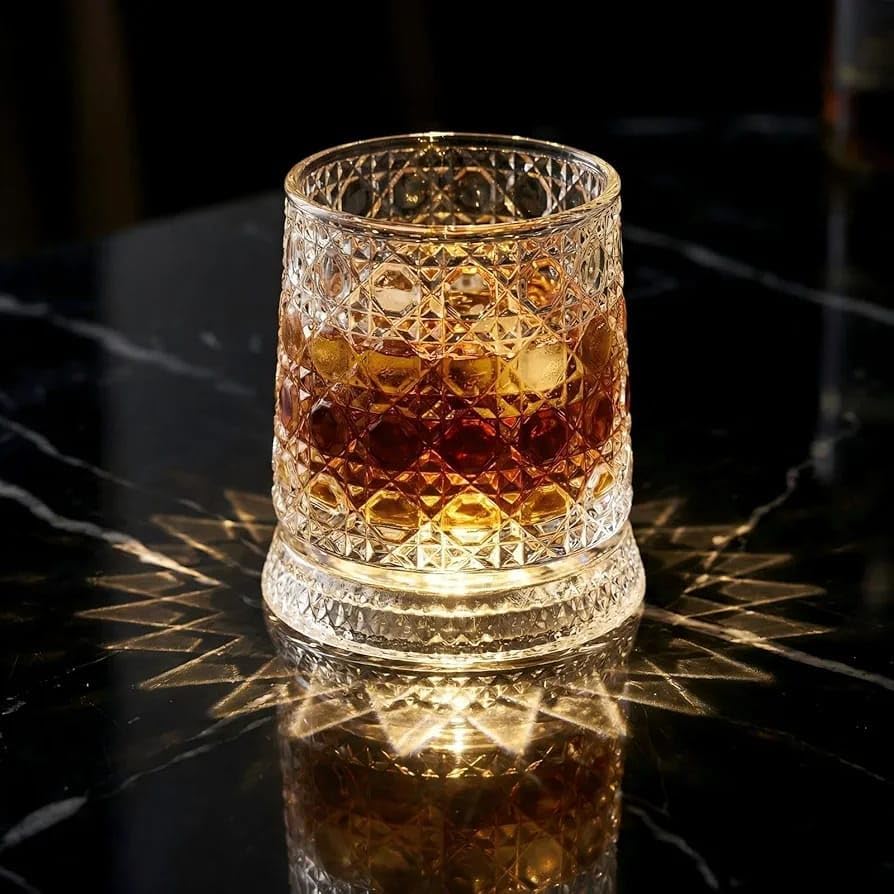 Promsiz Luxury Rotating Whiskey Glass with LED Light Coaster, Crystal Cut Spinning Whisky Glass for Bourbon, Scotch & Cocktails, Premium Whiskey Gift for Men, Barware Tumbler (1 PCS Set)-image-5