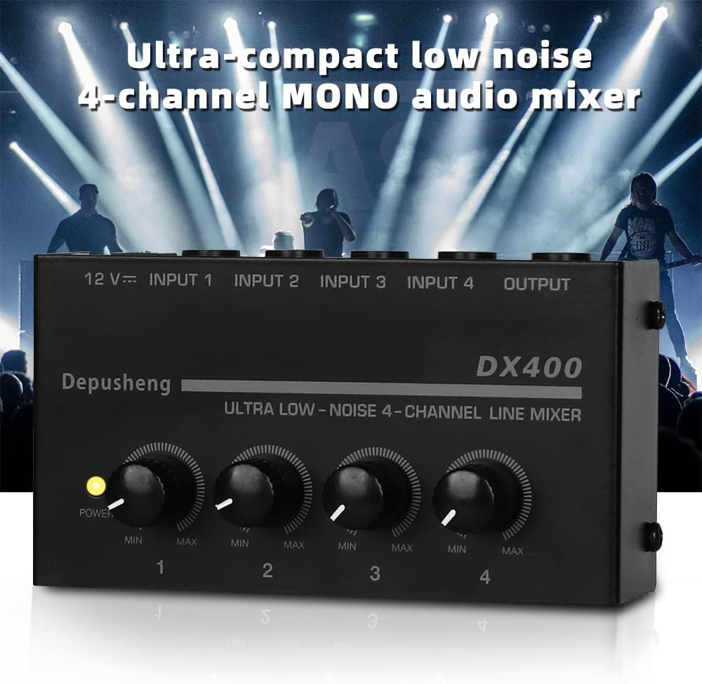 Connection diagram showing Depusheng DX400 connected to a larger mixer with various instruments.