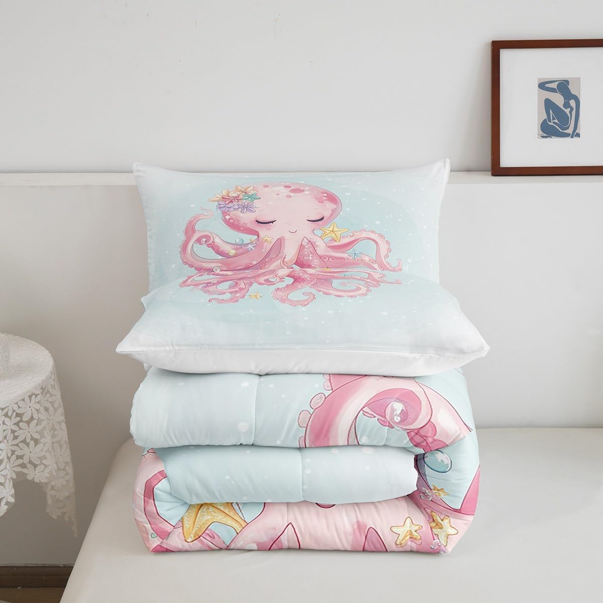 Castle Fairy Pink Octopus Comforter Set Queen Size Sea Cute Mermaids Bedding Set for Kids Boys Girls Bedroom Decoration Cute Octopus Bed Duvet Insert Marine Life Comforter with 2 Pillowcase