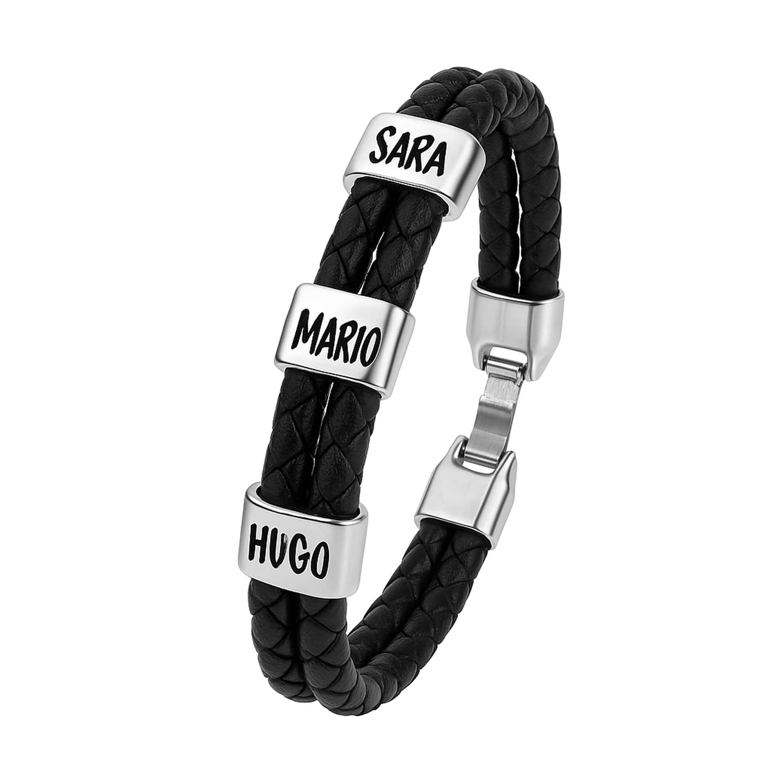 RINCON DEL ARTESANO HECHO A MANO MALAGA Pulsera con Nombres Personalizada. Piezas Baño Plata y Cuero Auténtico Español. Tallas a Personalizar. Colores. Pulsera Hombre con Nombres. Estuche Incluido. Modelo (Trenzado Doble Negro)