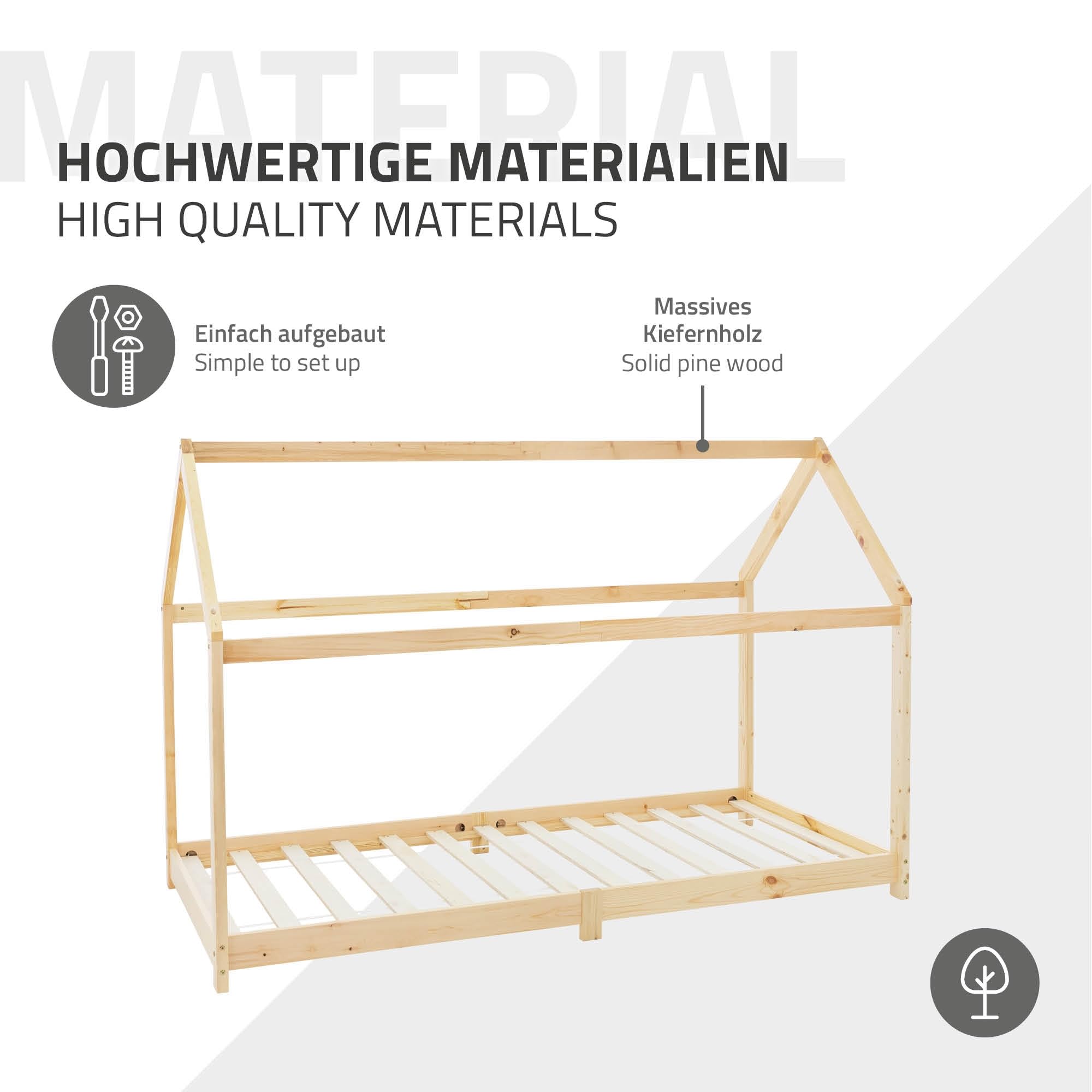 ML-Design Cama Infantil Casa Natural 90x200 cm de Madera de Pino + Colchón de Espuma Fría 16cm, Techo y Somier de Listones, Cuna de Suelo Maciza Casita de Juego Juvenil Mobiliario para Niño y Bebé