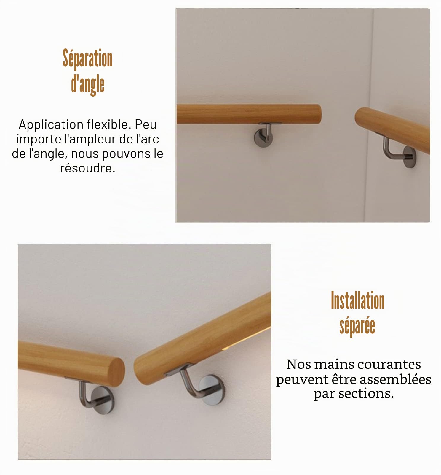1m / 2m / 3m / 4m / 5m / 6m Mains Courantes en Bois pour Escaliers Intérieurs, Main Courante d'Escalier Antidérapante pour Personnes Âgées, Barre d'Appui Murale pour Rail de Rampe avec Suppo