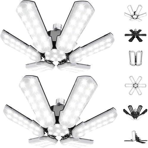 Luces LED de garaje de 150 W actualizadas, paquete de 2 bombillas de garaje atornilladas, 6+1 paneles ajustables, iluminación de garaje de 15000