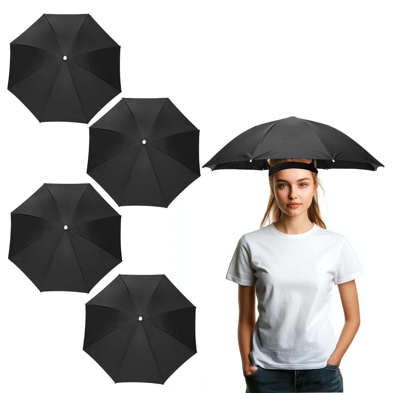 YELARXI Umbrella Hat, Fishing Hat Waterproof Adjustable Sun Rain Cap with Elastic Band, 27" & 4Pcs & Black - Fitting For(Women/Men Fishing/Camping/Gardening/Beach/Sunshade)