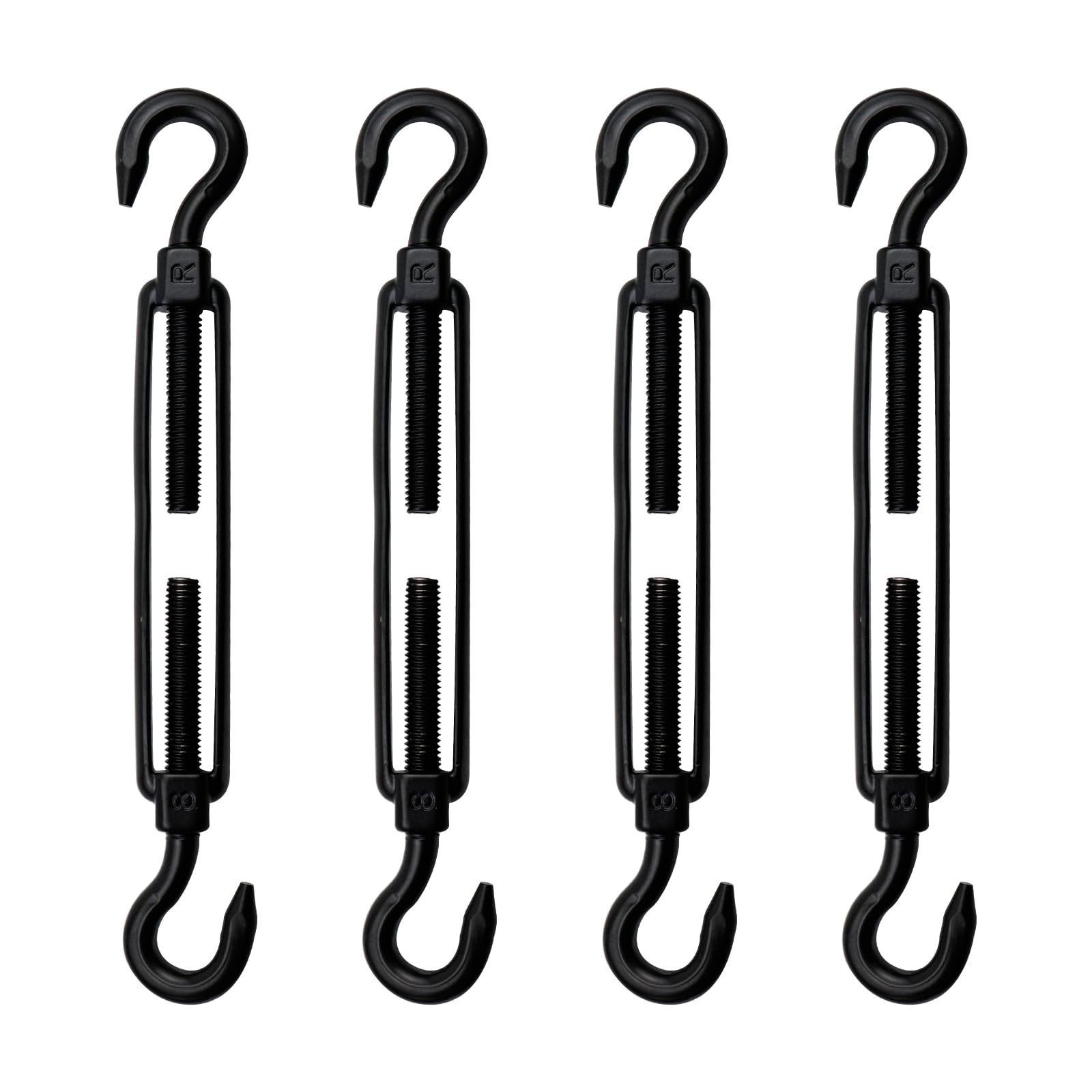 Antrader Tensor de gancho y gancho M8, 4 tensores de acero inoxidable M8 de doble gancho, tensores resistentes, tensores de cable, tensores negros para tensión de cuerda de alambre