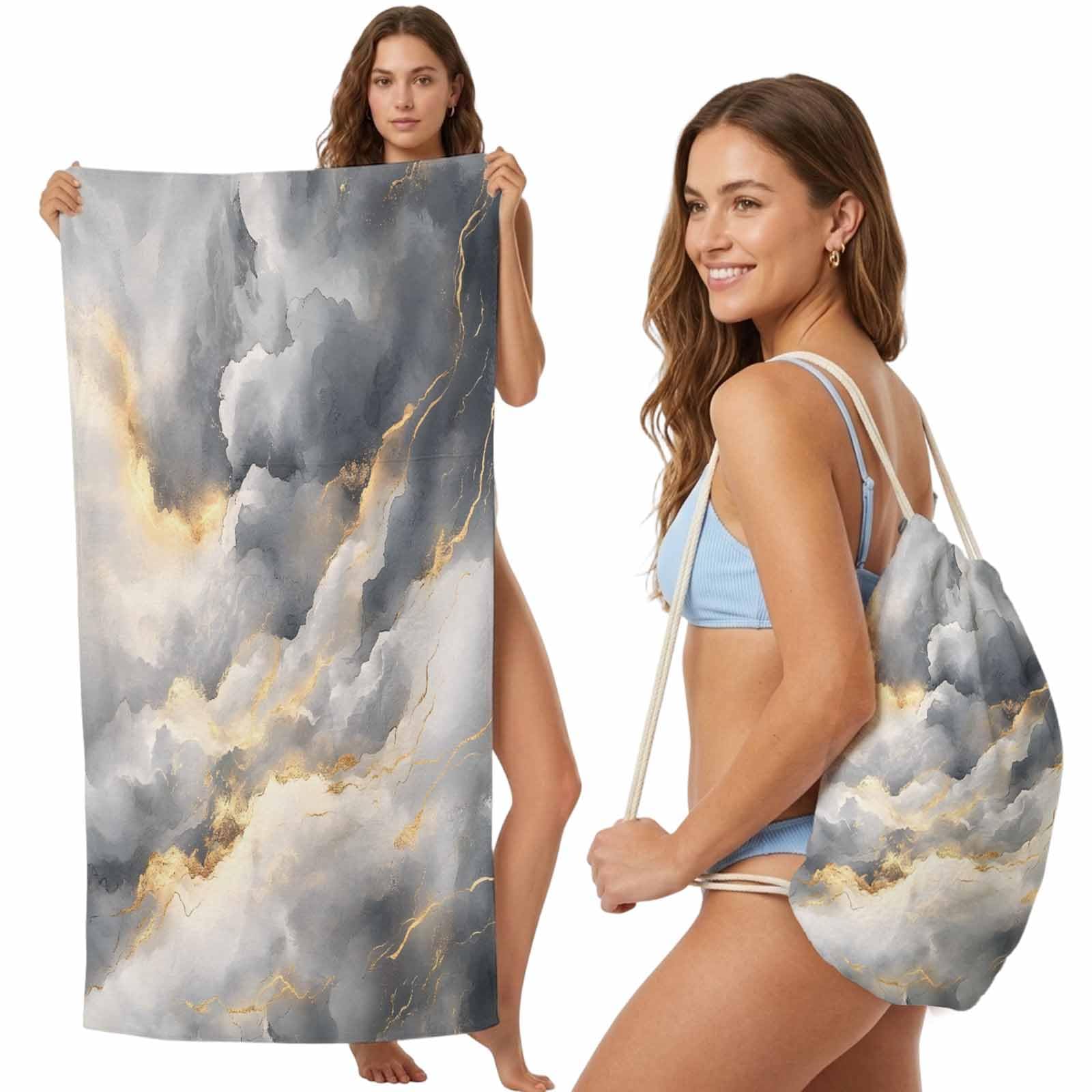 FWJZDSP Beach Towel Backpack Convertible Gray Golden Marble Sand Free Quick Dry Towel Bag Abstract Art Beach Towel with Adjustable Straps for Travel Swimming Pool Beach Accessories 31.5x63in