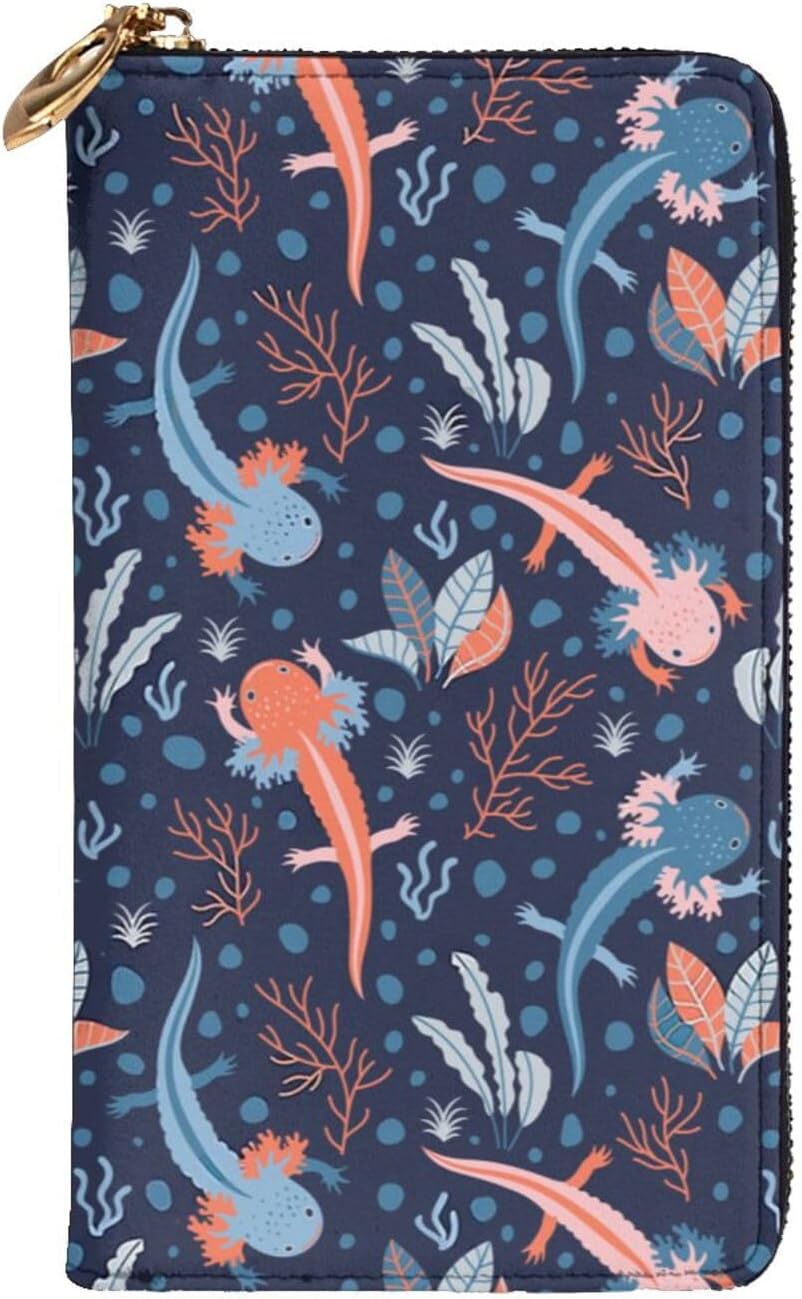 かわいいアホロートル ファッションレザージッパーロングウォレットキャッシュカードケース ウォレット防水 おしゃれ 多機能 大容量 現