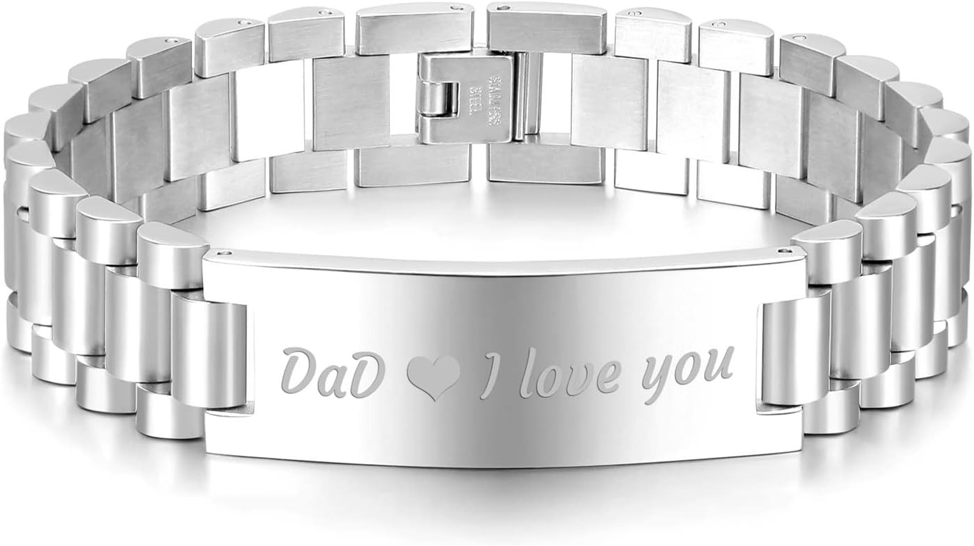 Daesar Bracelet Stainless Steel Men Polished Dog Tag Engraved Dad I Love You Bangle Bracelet for Men ID Bracelet for Father Gift