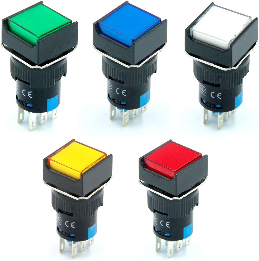 Parther 16mm 1NO 1NC SPDT Push Button Switch Latching Square LED Lamp White Red Green Yellow Blue Light AC DC 24V 5 Pin 5 Pack