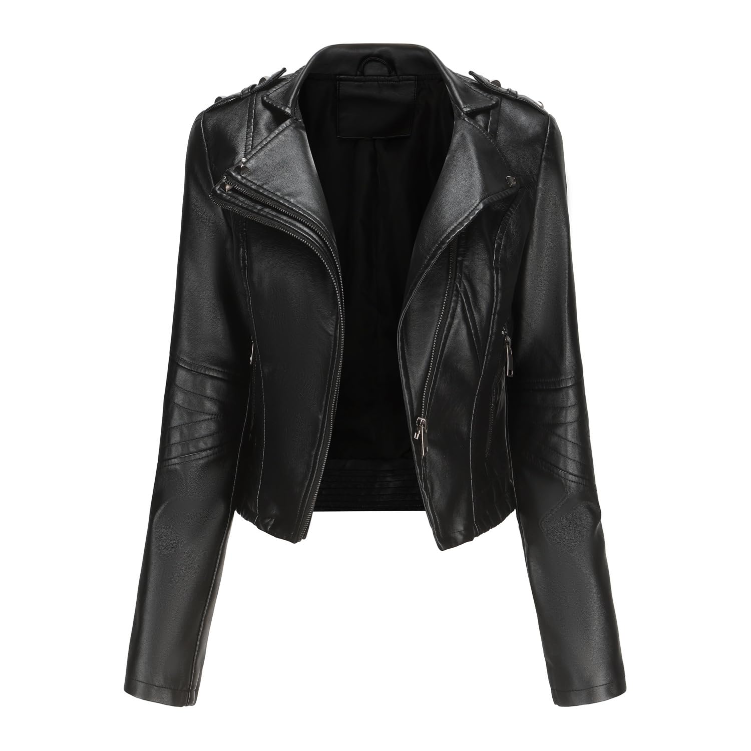 ftk Women's Slim Fit Long Sleeve Leather Jacket | Rivet Details Short Coat with Zipper-picture-25