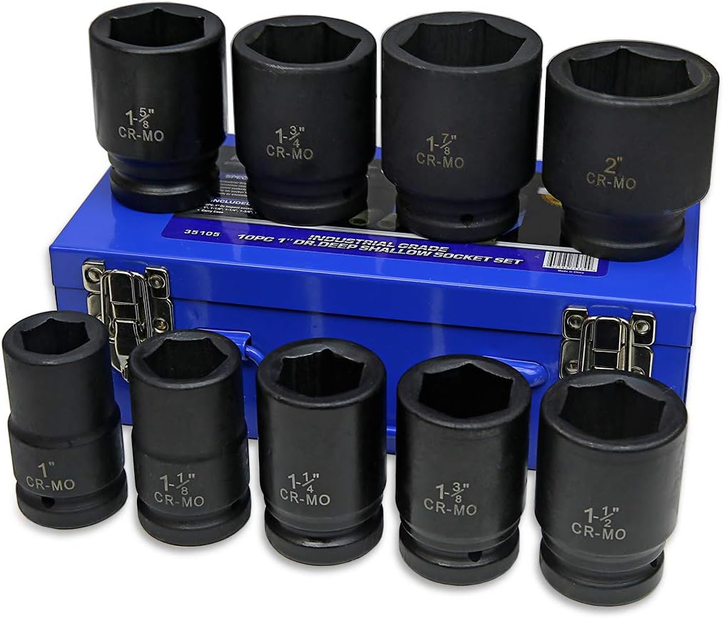 9-Pieces 1" DR Drive Deep Impact Socket Set 6-Point (1-Inch - 2-Inch) 9pc Impact Socket Set Carrying Case