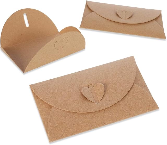 lovingmona 50 Pack Gift Card Envelopes 17 x 11cm Kraft Paper Envelopes Brown Handmade Seed Envelopes with Heart Clasp for Gift Greeting Thank You Notes Valentines Day Christmas Thanksgiving
