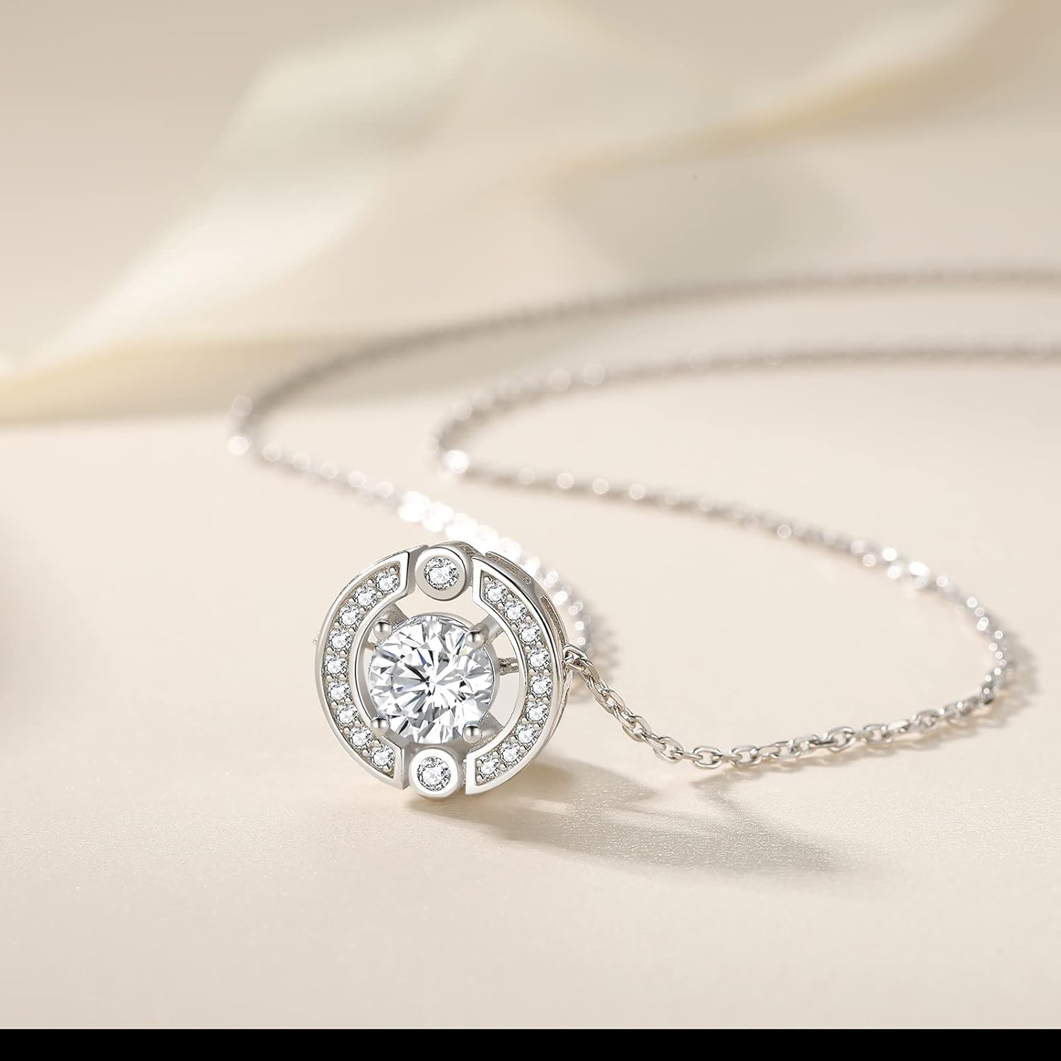 Birthstone Halo Necklace for Women Sterling Silver Platinum Plated Sparkling Gemstone Round Cut Solitaire Pendant Cubic Zirconia Necklaces Clear Crystal Meaningful Jewelry Gifts for Women Teen Girls - Image 2