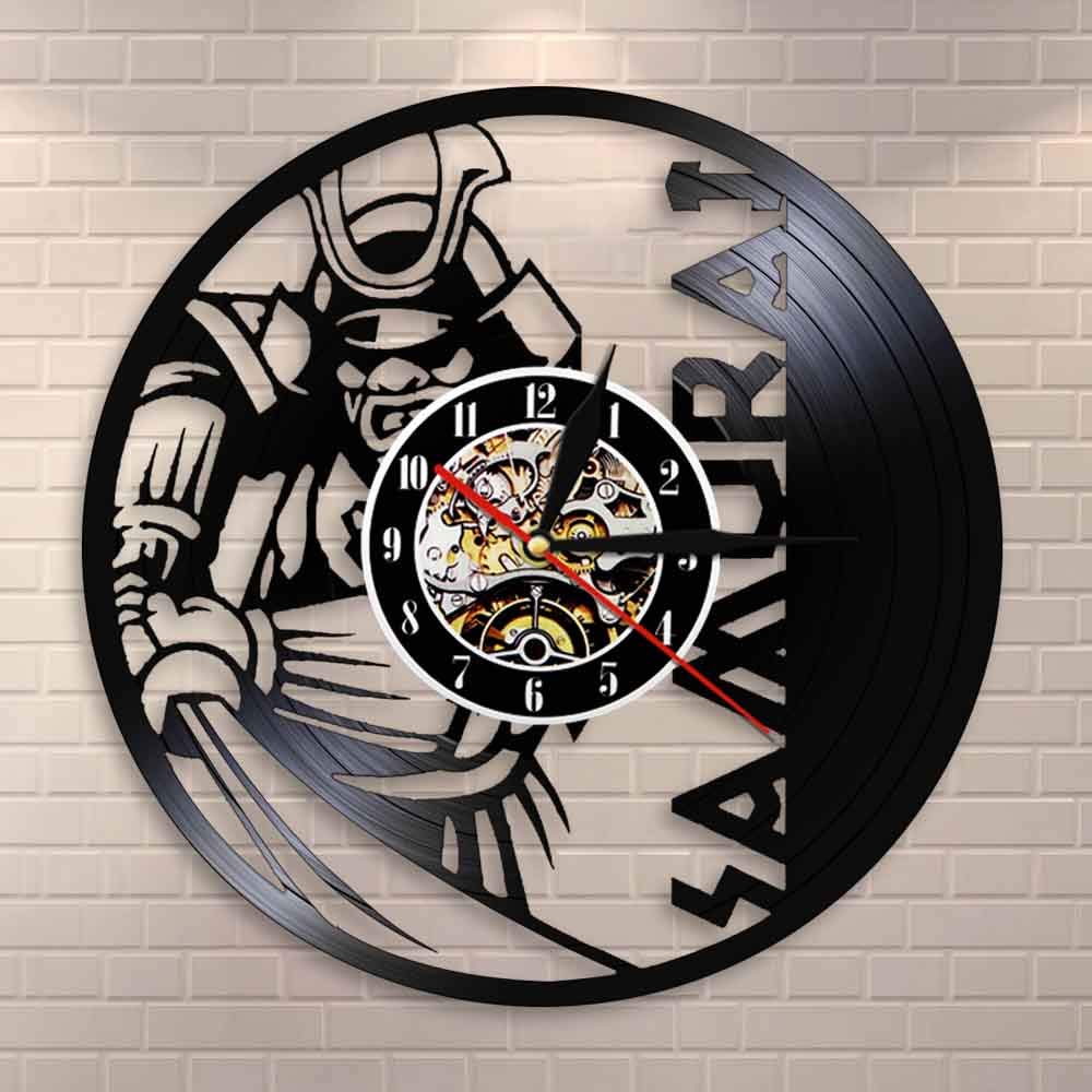 Rgzqrq Vinyl record samurai clock wall decoration samurai wall art samurai retro martial arts clock culture lover gift (30x30cm)
