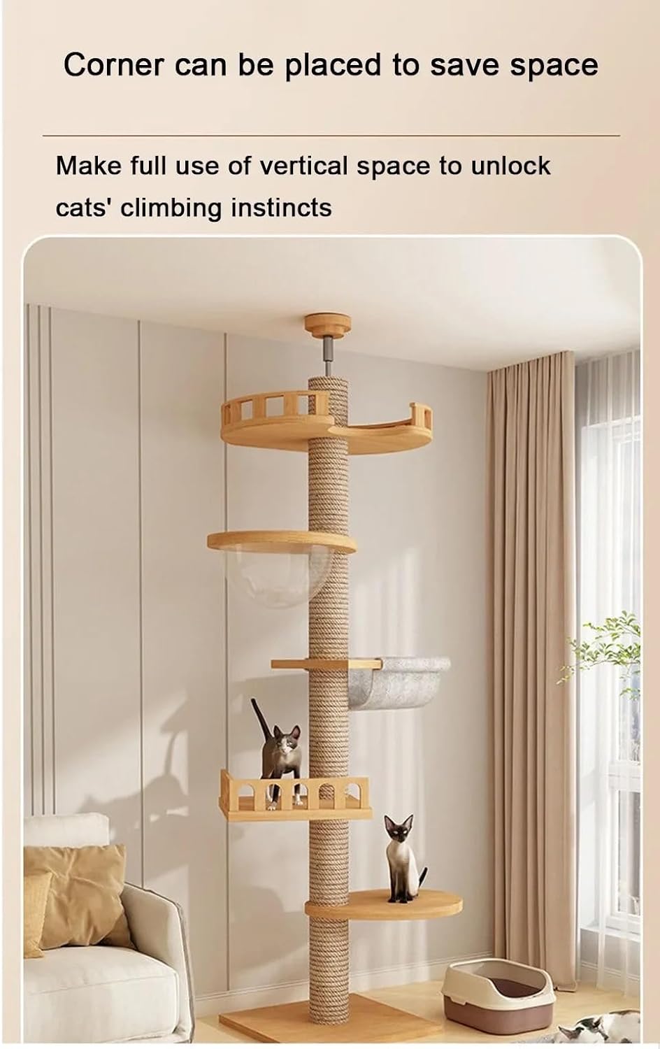 review Cat Tree Floor to Ceiling，Wooden Cat Climbing Tree Tower，Modern Cat Tree Condo，Floor-to-Ceiling Cat Tree，Condo，Space Capsule，Cat Jumping Platform，Sisal Scratching Post，Bed，Interactive