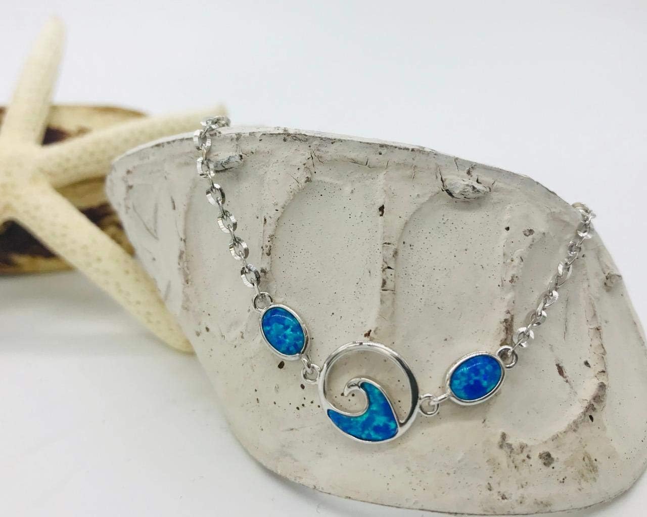Arthur's Jewelry 925 Sterling Silver Hawaiian Ocean Wave Oval Blue Opal Plate Anklet 8.5" + 2"
