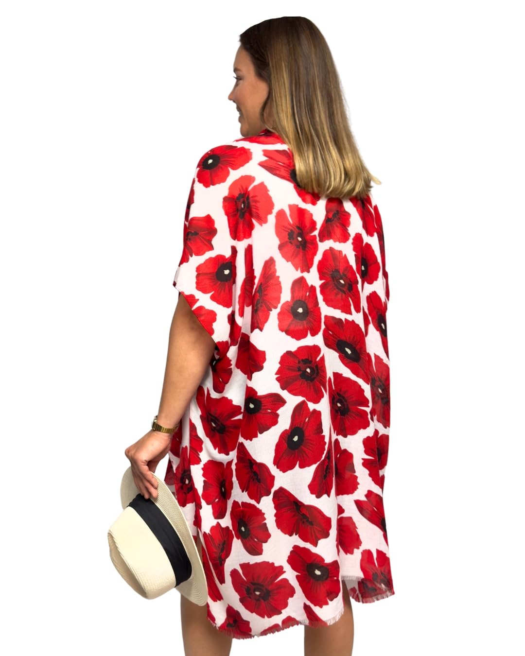 Humble Hilo Cardigan kimono sans manches léger pour femme, décontracté et fluide, Coquelicots rouges, S/M, Taille unique