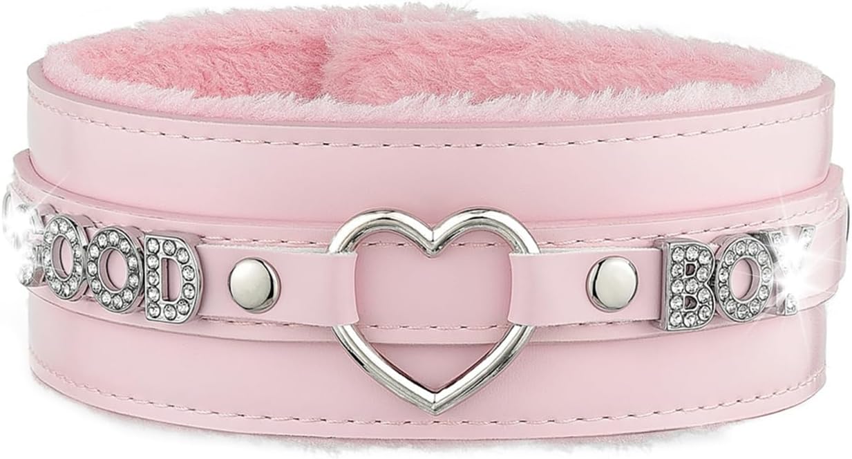 Pink Furry Heart O-ring Leather Choker Collar For Women, Handmade Punk Gothic Letter Necklace Adjustable Fashion Jewelry