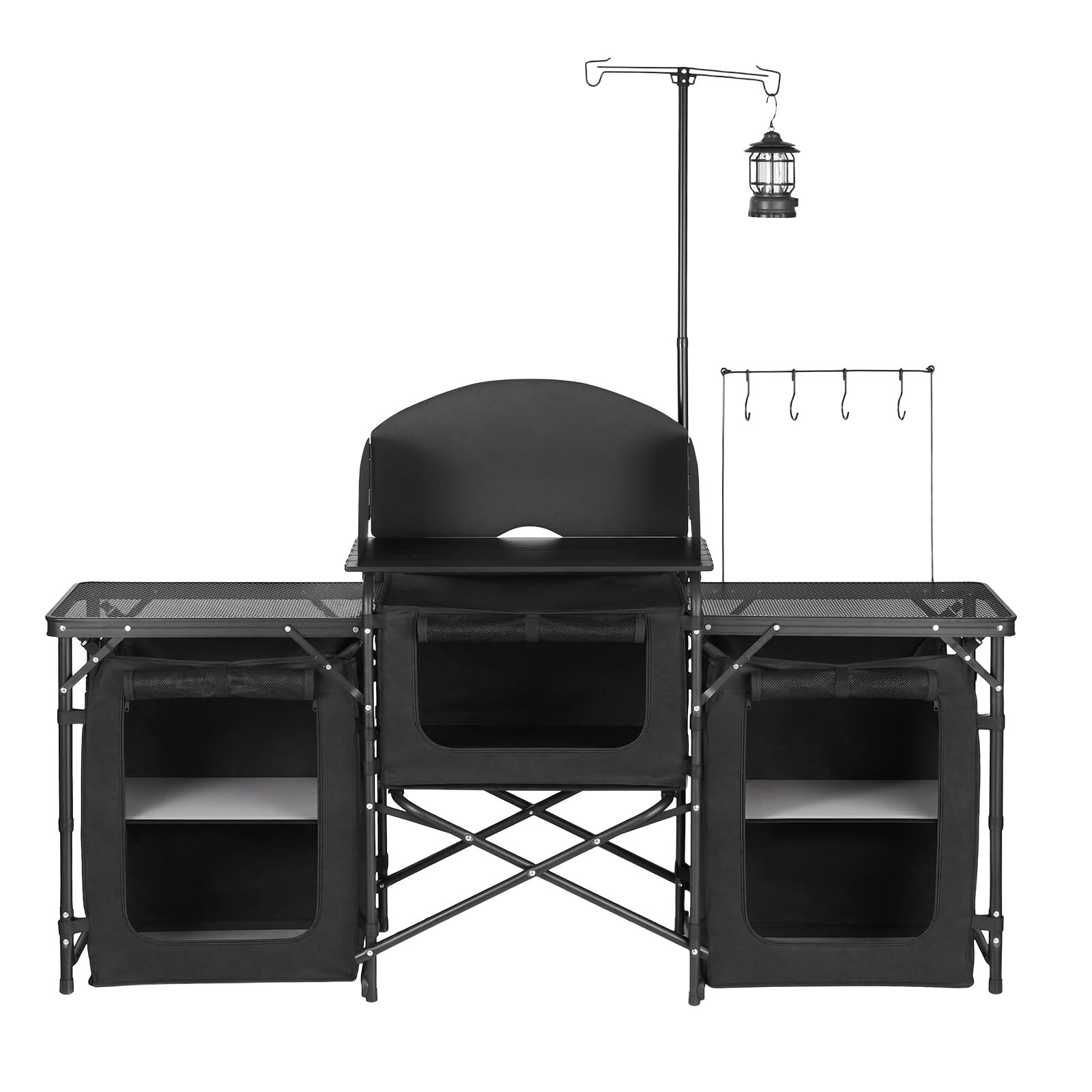 VEVOR Mobiletto Cucina Portatile Pieghevole da Campeggio, Mobiletto da Campeggio 2 Tavolini Laterali Rete Metallica Paravento Rimovibile per Fornello 3 Scomparti Portaoggetti, Stazione Cucina BBQ