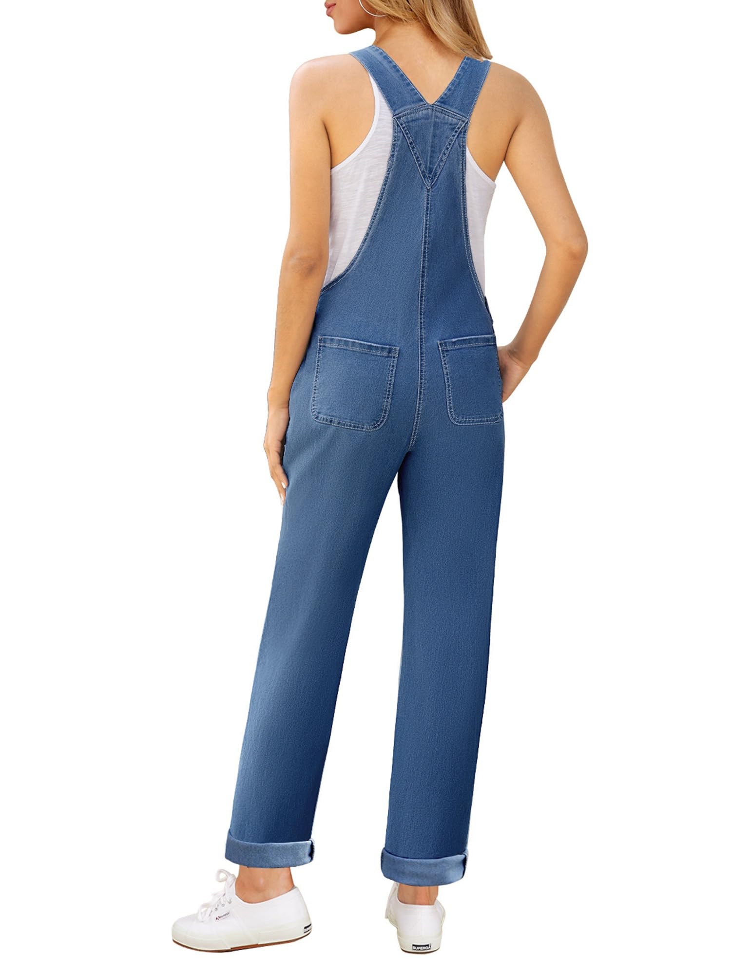 Roskiky Salopette da donna in denim, elasticizzati, dritta, in jeans, vestibilità normale, con cinghie regolabili