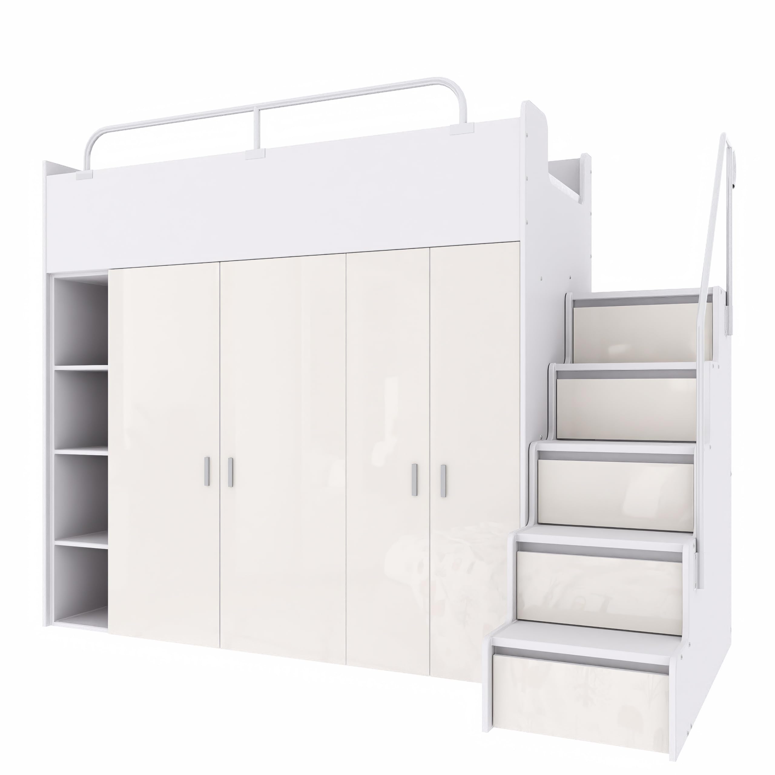 Hochbett Kinderbett JSM-2 90x200 mit Zwei Kleiderschränken, Bücherregal und Treppe Hochglanz Etagenbett Stockbett Jugendhochbett (Weiß Glanz)