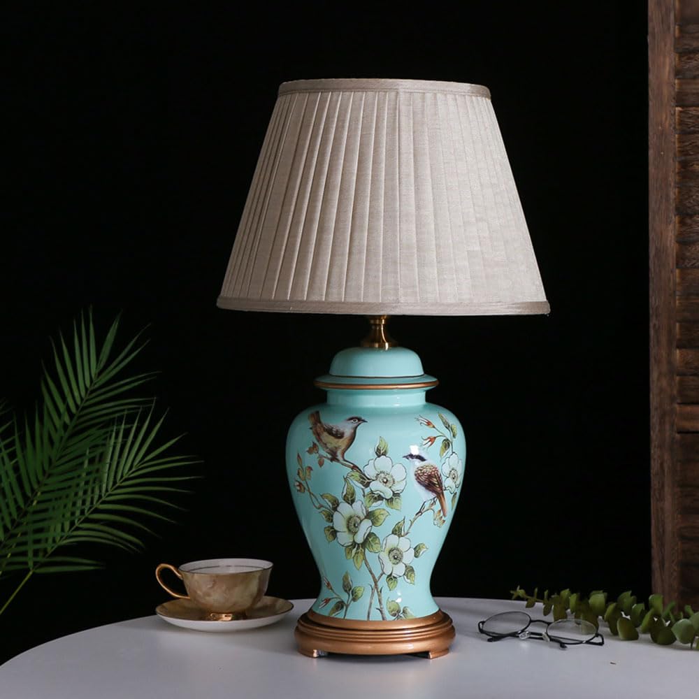 SGKOMN Chinoiserie Ceramic Table Lamp, American Flower&Bird Bedside Lamp, Classic Fabric Lampshade Desk Nightstand Lamp For Bedroom Living Room Office College Bookcase-A