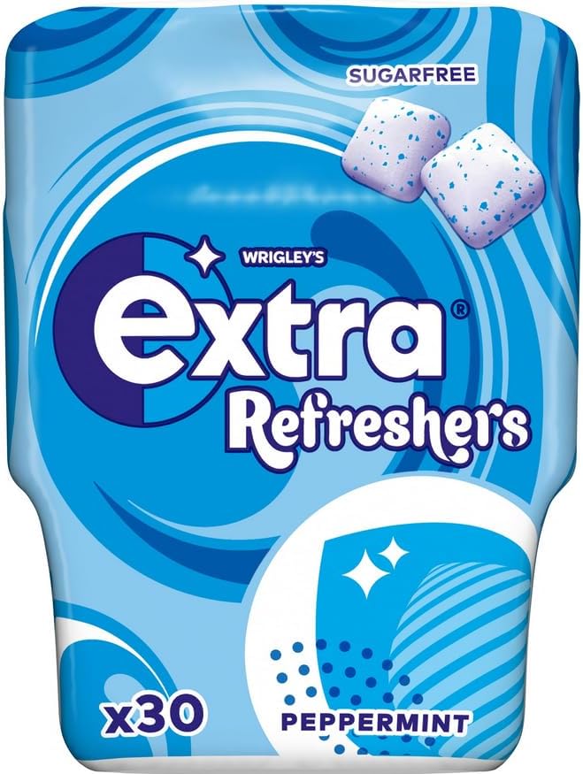 Wrigley's Extra Refreshers Peppermint Sugar Free Chewing Gum Bottle, 30 Cubes - Fresh Breath Mint Gum - Air Travel Essentials, Festival Accessories, Summer Holiday & Road Trip Snacks
