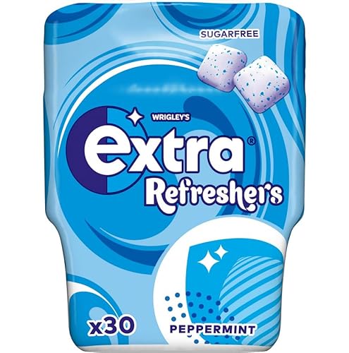Wrigley's Extra Refreshers Chewing Gum, Peppermint Flavour, 1x Pack of 30 cube pieces, Sugar Free Chewing Gum Bottle with Xylitol