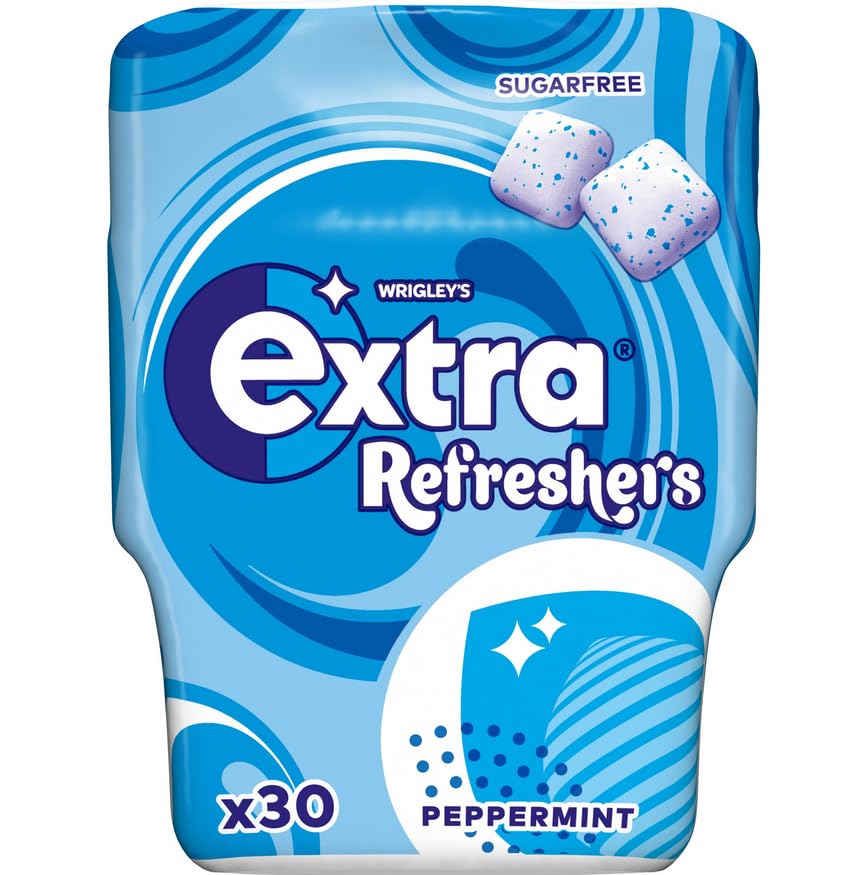 Wrigley's Extra Refreshers Chewing Gum, Peppermint Flavour, 1x Pack of 30 cube pieces, Sugar Free Chewing Gum Bottle with Xylitol