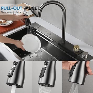 Flying Rain Stainless Steel Watefall Kitchen Sink wtih PullDown Faucet Set Nano Black 31.5 INCH