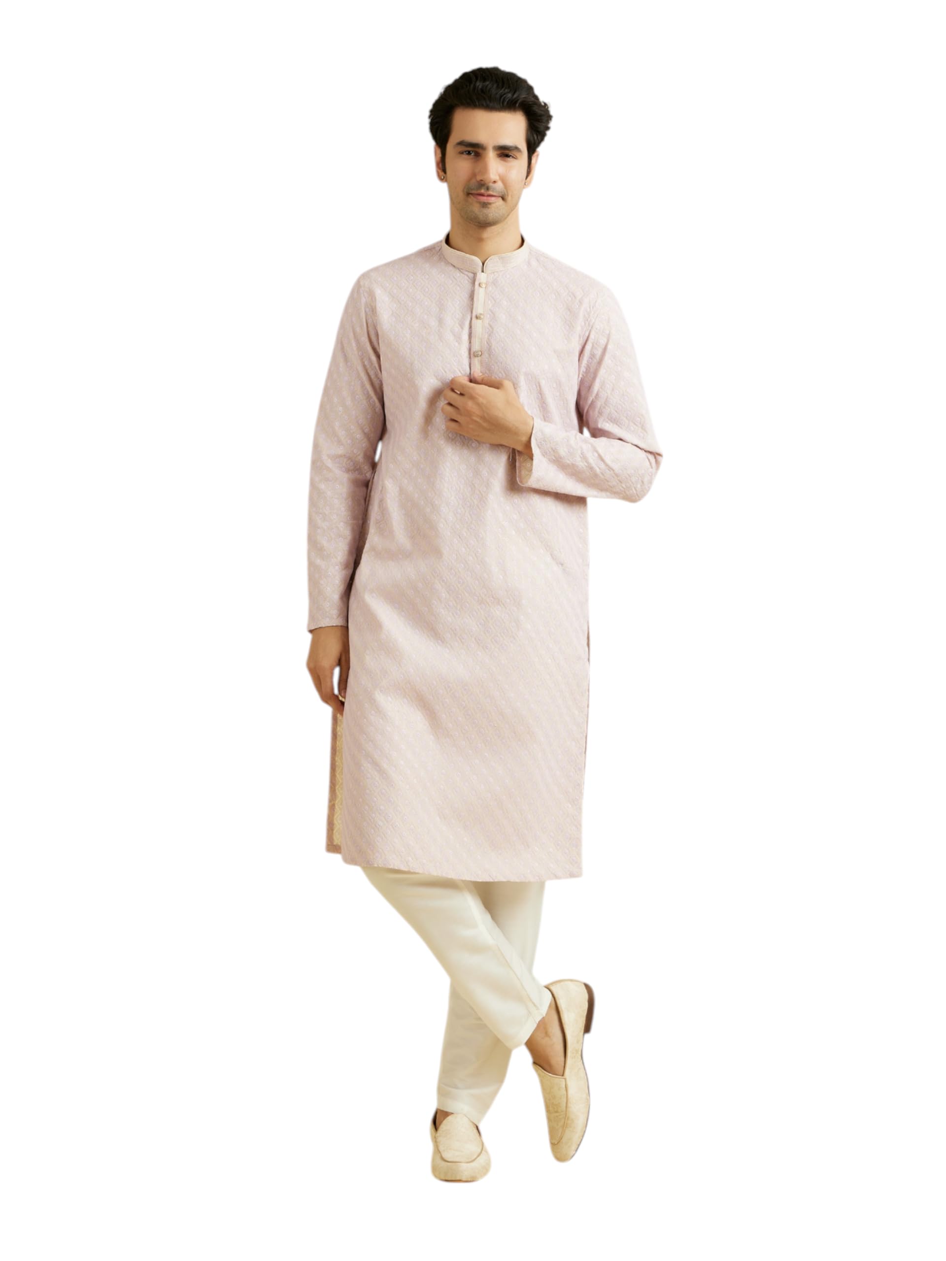 Manyavar Chikankari - Set kurta da uomo in misto cotone stampato, 2 pezzi