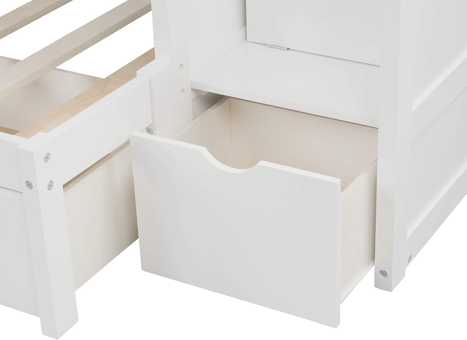 SOFTSEA Twin Over Twin Bunk Bed with 3 Drawers, 4 Storage and Cabinet Door, Twin-Over-Full Convertible Bottom Bed, White