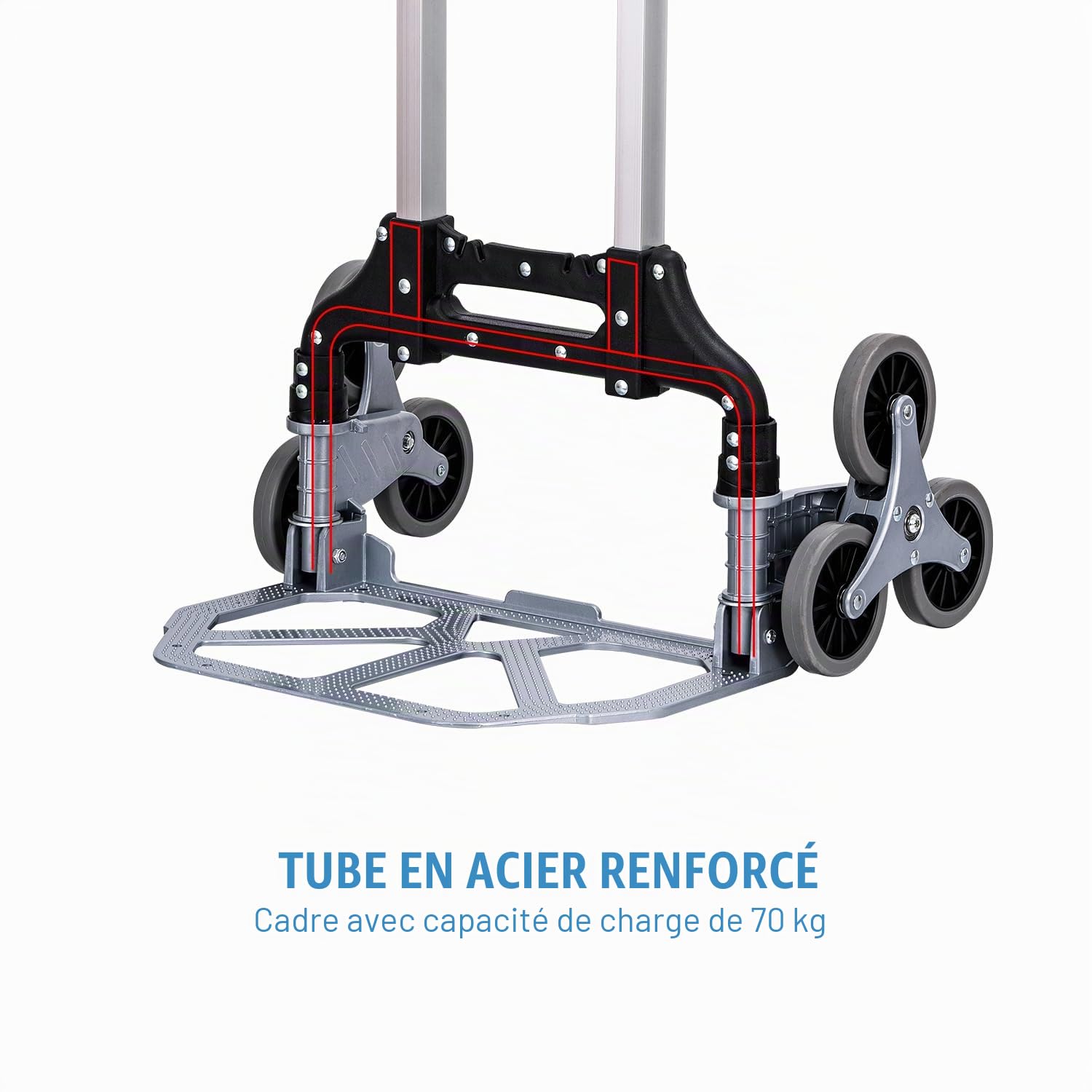 TOPWAY Chariot Pliant Escaliers en Aluminium Escalade Pliable Diable Chariot Sac Brouette Capacité de Chargement de 70 Kg Hauteur Réglable avec 6 Roues, 4 Roues Pivotantes et Cordon