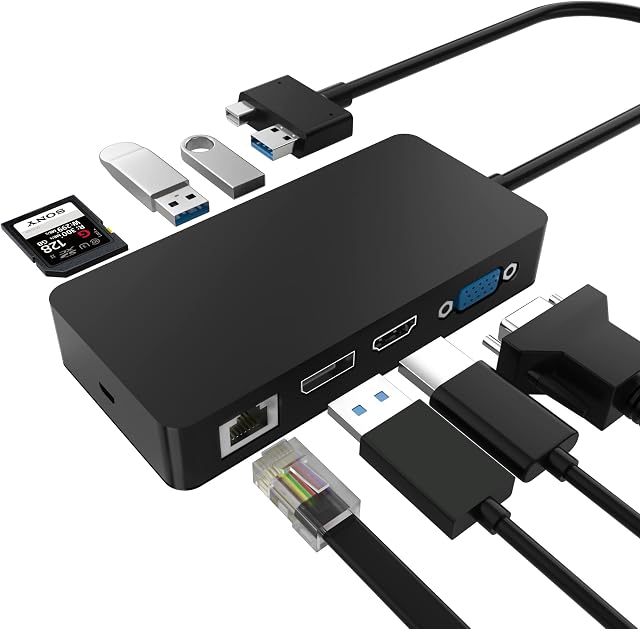 Surface Pro Dock For Surface Pro 4/5/6 Hub Docking Station with HDMI, VGA, DP, RJ-45 Gigabit Ethernet Port, 3x USB 3.0 ports, USB C Sync Port, Audio out port, SD/TF Card Reader Slot, Micro USB Port
