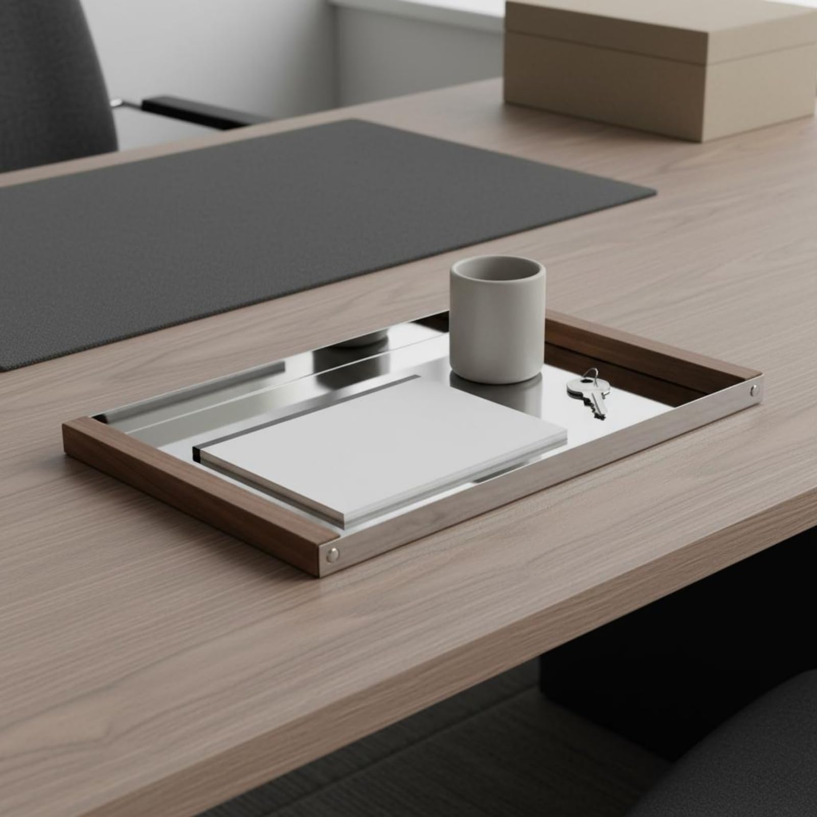 Bandeja Redonda de Servir Bandeja de Metal Bandeja con Asas Bandeja Espejo Bandeja de Diseño Geométrico con Detalles de Madera de Adecuada para Café, Grande 460 290 32mm