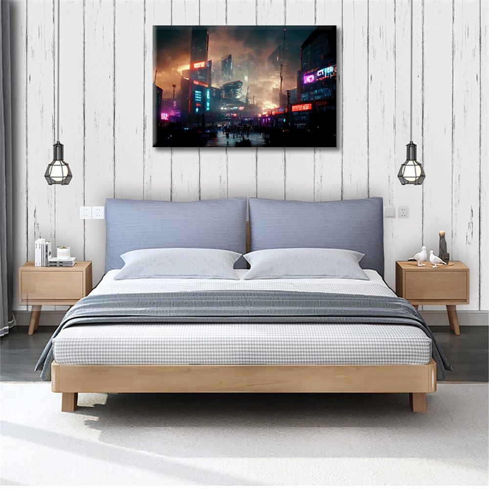 Canvas Wall Art for Living Room Futuristic Cyberpunk Streets Modern Home Decor Future City Concept HD Printed Posters Artwork for Bedroom Office Wall Art Painting Pictures Ready to Hang - Image 4