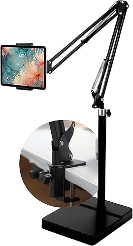 Soporte de suelo 2 en 1 para tablet con soporte para tablet para escritorio, base estable de 8 libras con brazo elástico para cama, sofá o