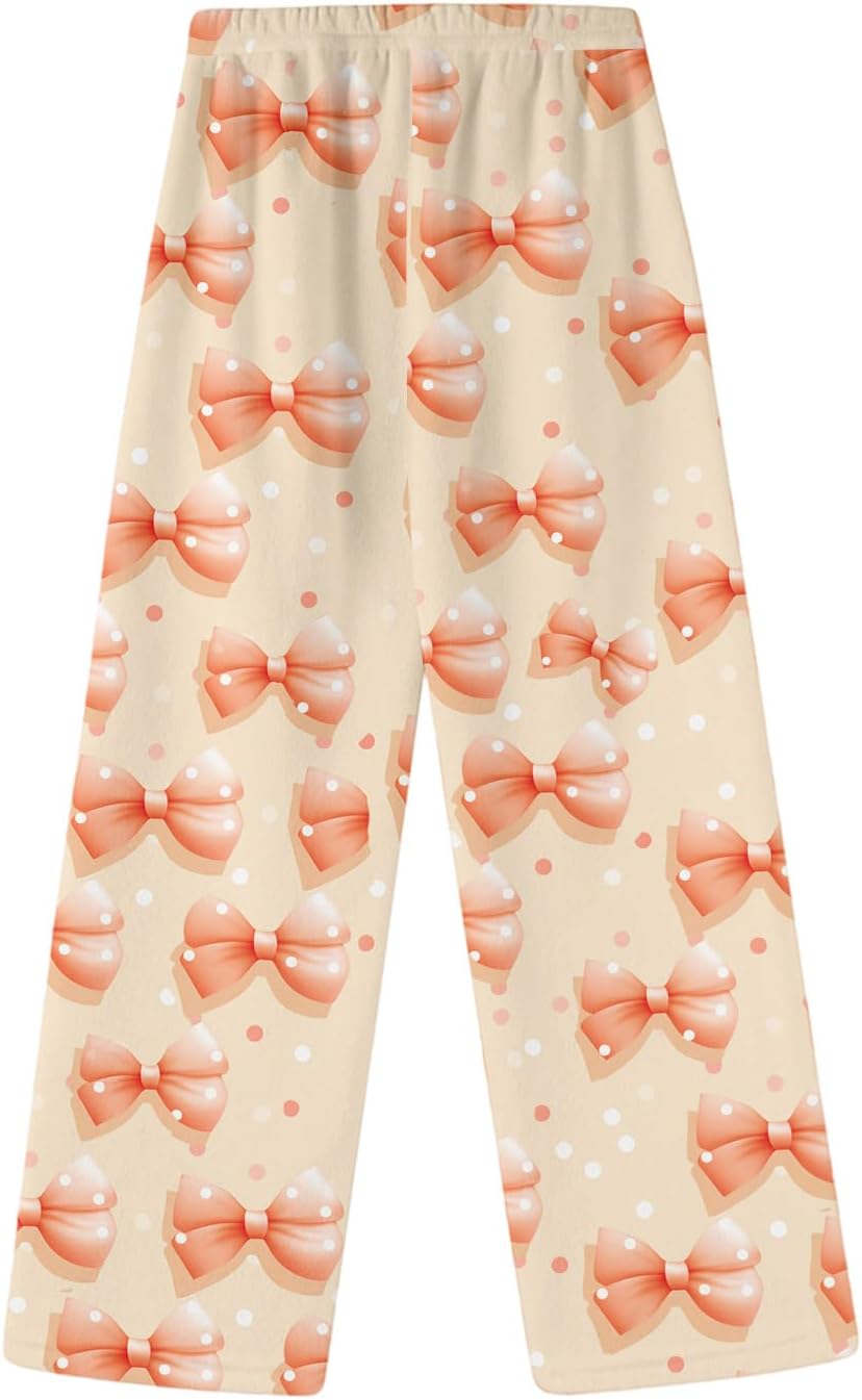 Cute Womens Fall Pajamas Flannel Elastic Waist Wide Leg Bow Pajamas Casual Loose Thermal Cozy Pink Pajama Pants - Image 4