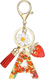 MWOOT Llavero de Letra Inicial para Mujeres, Resina Llavero Nombre con Borla Colgante de Fresa Margarita, Llavero Encanto ...