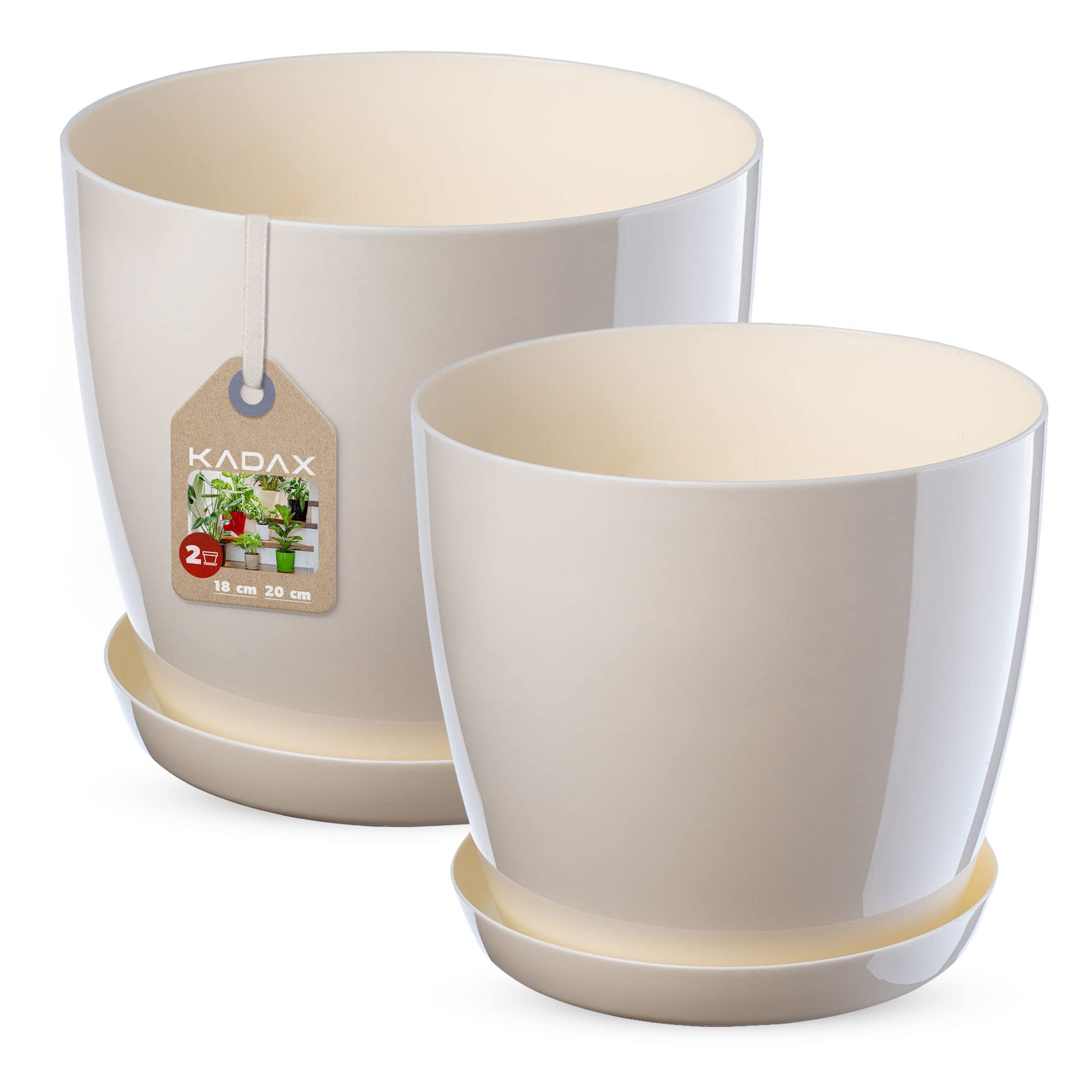 KADAX Vaso Rotondo In Plastica Con Sottovaso, Set Da 2 (18cm + 20cm), Bianco Lucido, Per Piante E Fiori Da Interno - 4