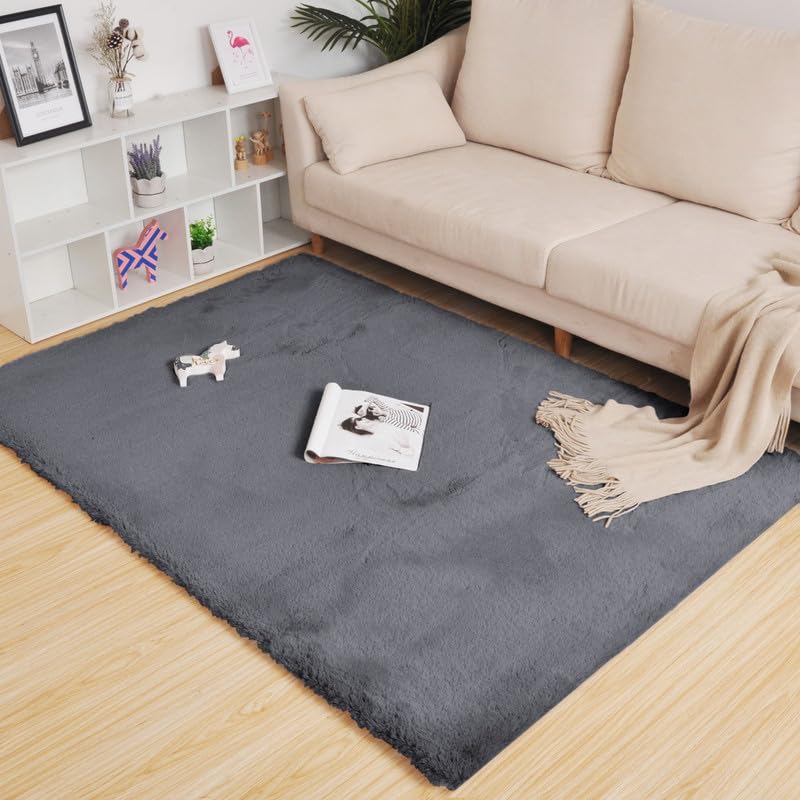 Image of Rabbit Fur Area Rug 6x8 Ft | Super Soft Plush Carpet with Anti-Slip Backing | Washable Luxury Rug for Bedroom, Living Room & Home Decor