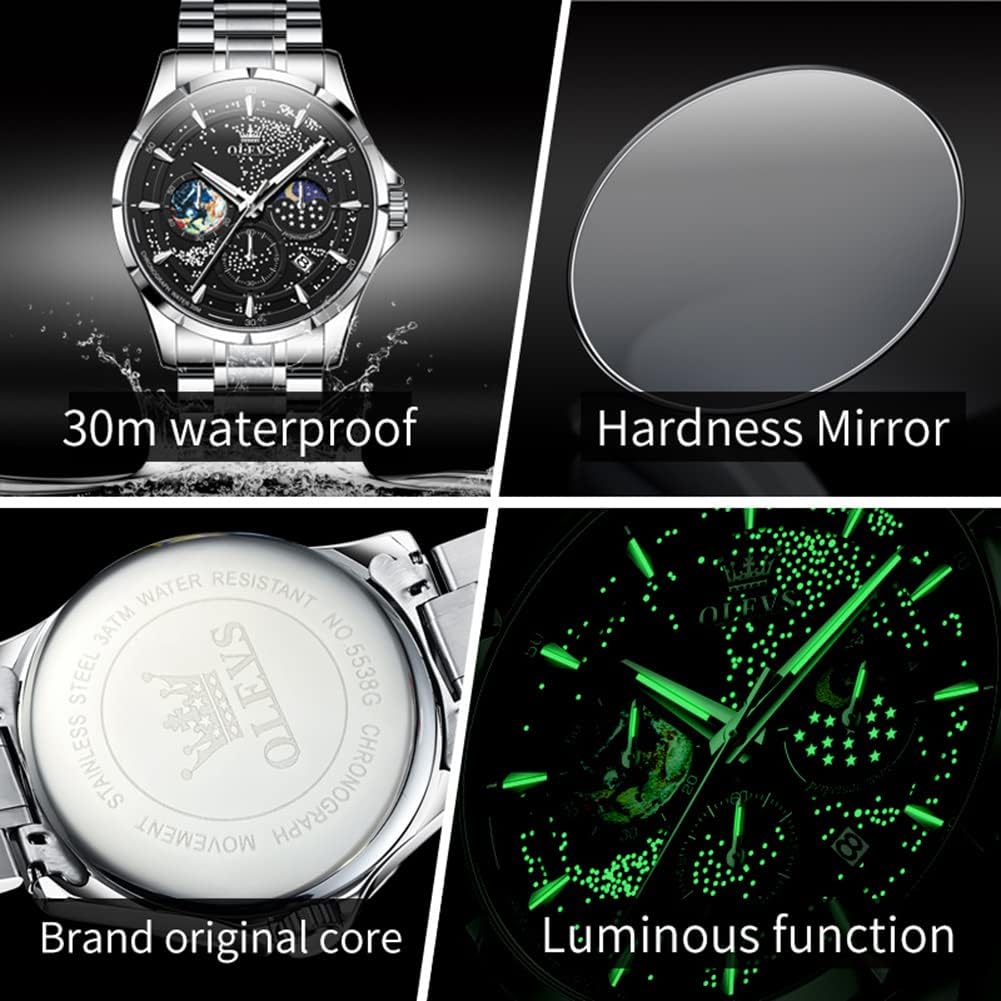 OLEVS Mens Watches Starry Sky Moon Phase Dial Luxury Business Dress Analog Quartz Classic Casual Date Wrist Watches Waterproof Luminous